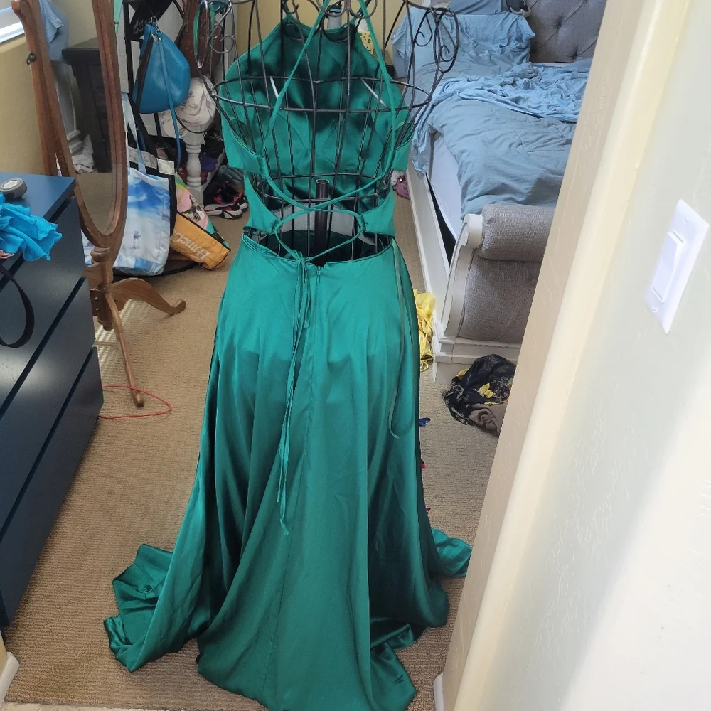Blondie NITES Evening Gown Maxi Dress Green Satin Crossback BUTTERFLY